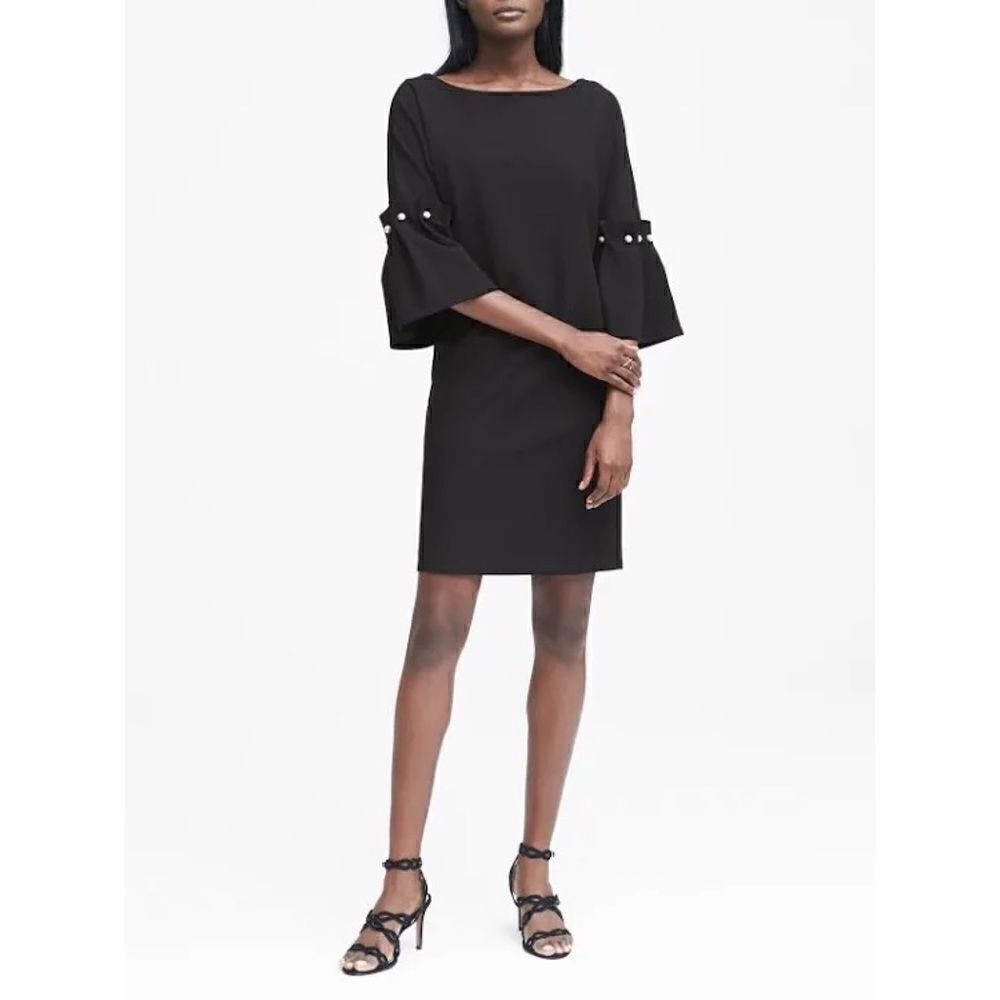 Banana Republic Navy Blue Bell Sleeve Shift Mini Dress with Pearl Accents